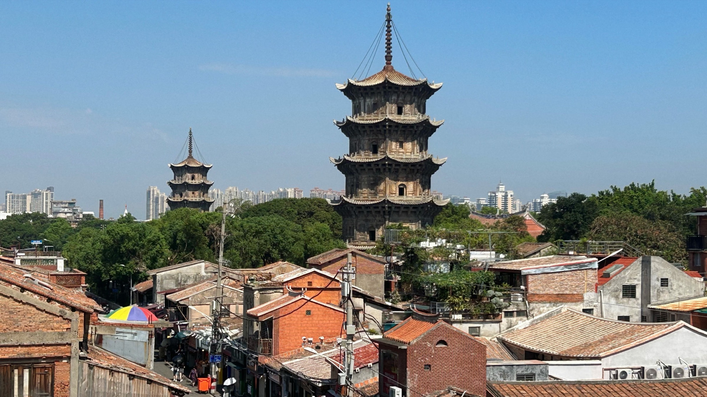 West Street rooftops with the stone pagodas of Kaiyuan Temple in Quanzhou